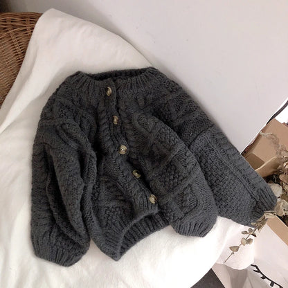 New Winter Korean Style Solid Color Baby Kids Knitted Sweaters Loose Round Neck Children Cardigan Sweater Coats