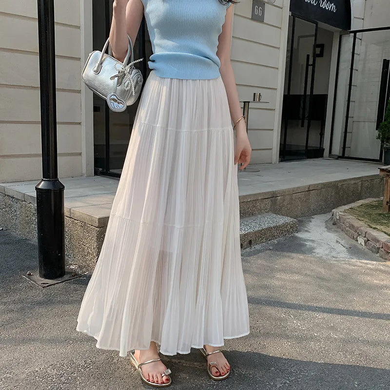 Women's Summer Pleated Chiffon Skirt Photorealistic A-Line Wide Flared Design Slimming Long Style 5106