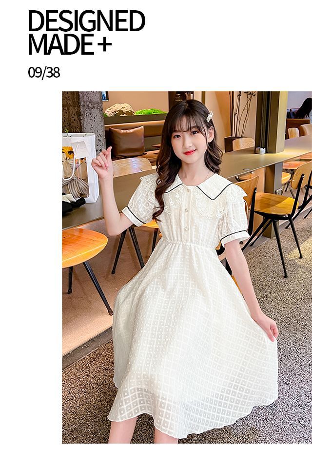 Children's Fashion Preppy Style Sailor Collar Loose Casual Robe Girls' Short Sleeve Sweet Bow Dress Children's Dresses