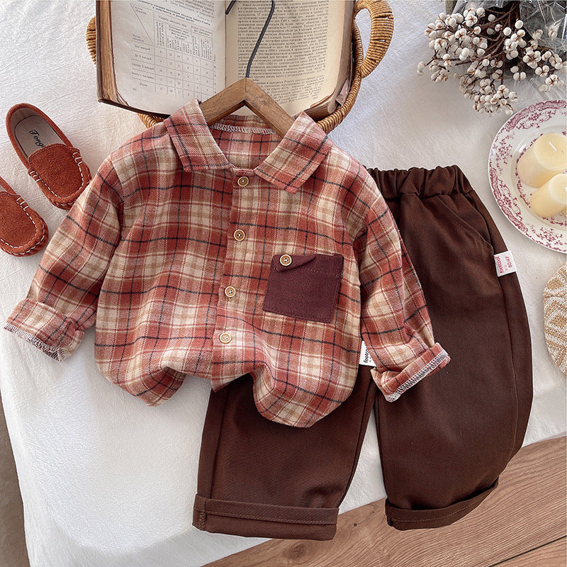 2025 New Boys Contrast Color Pocket Shirt Autumn Suit Children's Korean Style Western Style Baby Autumn Two-Piece Set