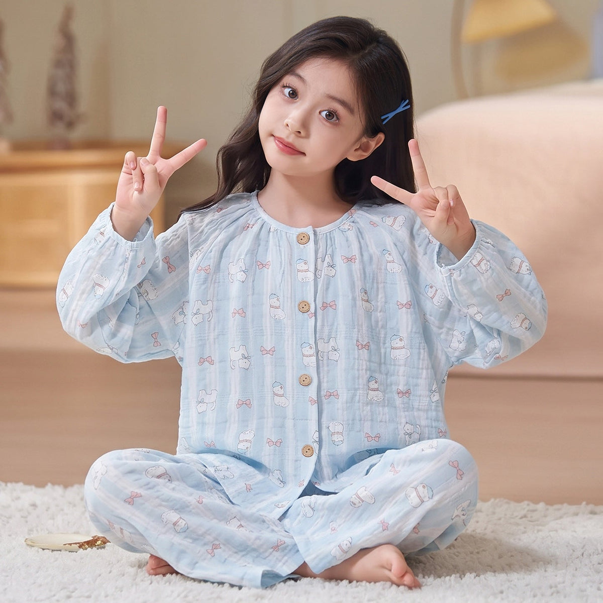 Cartoon Cute Style Girls Pajama Set with Cloud Pattern, Cotton Homewear for Spring and Autumn, Long-Sleeve Top and Long Pants, Lightweight Kids Pajamas