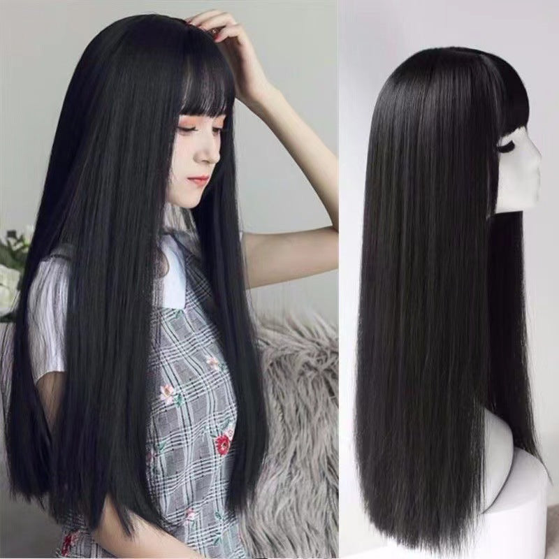 Wigs for women with air bangs, long straight hair, soft girl, realistic and natural full head set