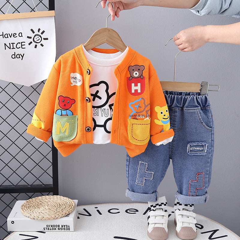 Spring 2025 New Boys' Cartoon Cardigan Long-sleeved Three-piece Set for Boys and Babies' Casual Denim Trousers for suit and Hair