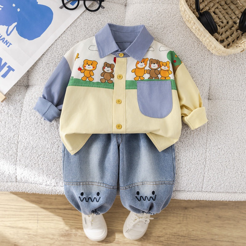 Children's Clothing 2025 Korean Style Spring Boy's Bear Shirt Two-Piece Long-Sleeved Jeans Children's suit Hair