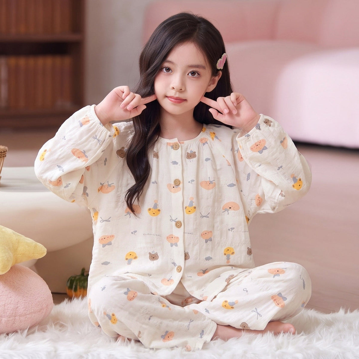 Cartoon Cute Style Girls Pajama Set with Cloud Pattern, Cotton Homewear for Spring and Autumn, Long-Sleeve Top and Long Pants, Lightweight Kids Pajamas