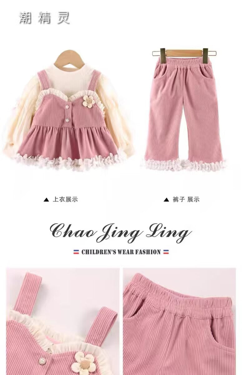 Girls Spring and Autumn Suit 2025 New Children's Girl Clothes Casual Pants Three-piece Set Baby Princess Suspender Dress (Available)
