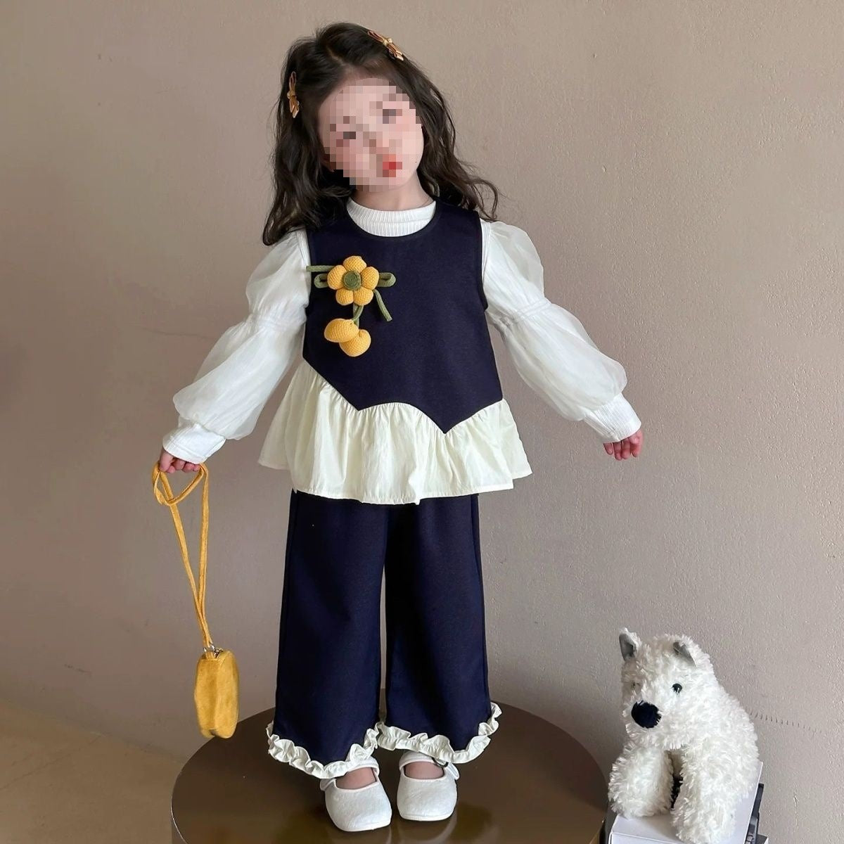 Girls' Spring and Autumn Outfit 2026 New Fashionable Little Girl Sunflower Baby Three-Piece Set with Base Shirt