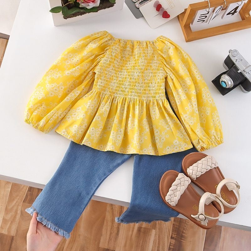 Girls' New Autumn Outfit: Children's Puff Sleeve Shirt, Baby Long Sleeve Doll Shirt, and Denim Bell-Bottom Pants Two-Piece Set