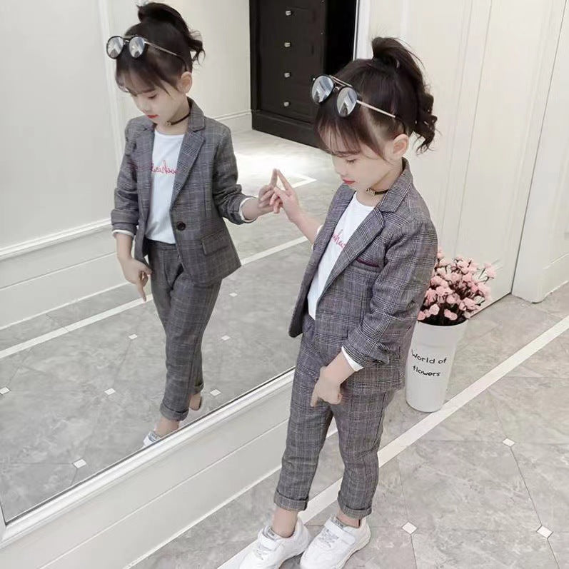 New Design Kids Girls Clothes Set Korean Plaid Two-piece Suit (Available )