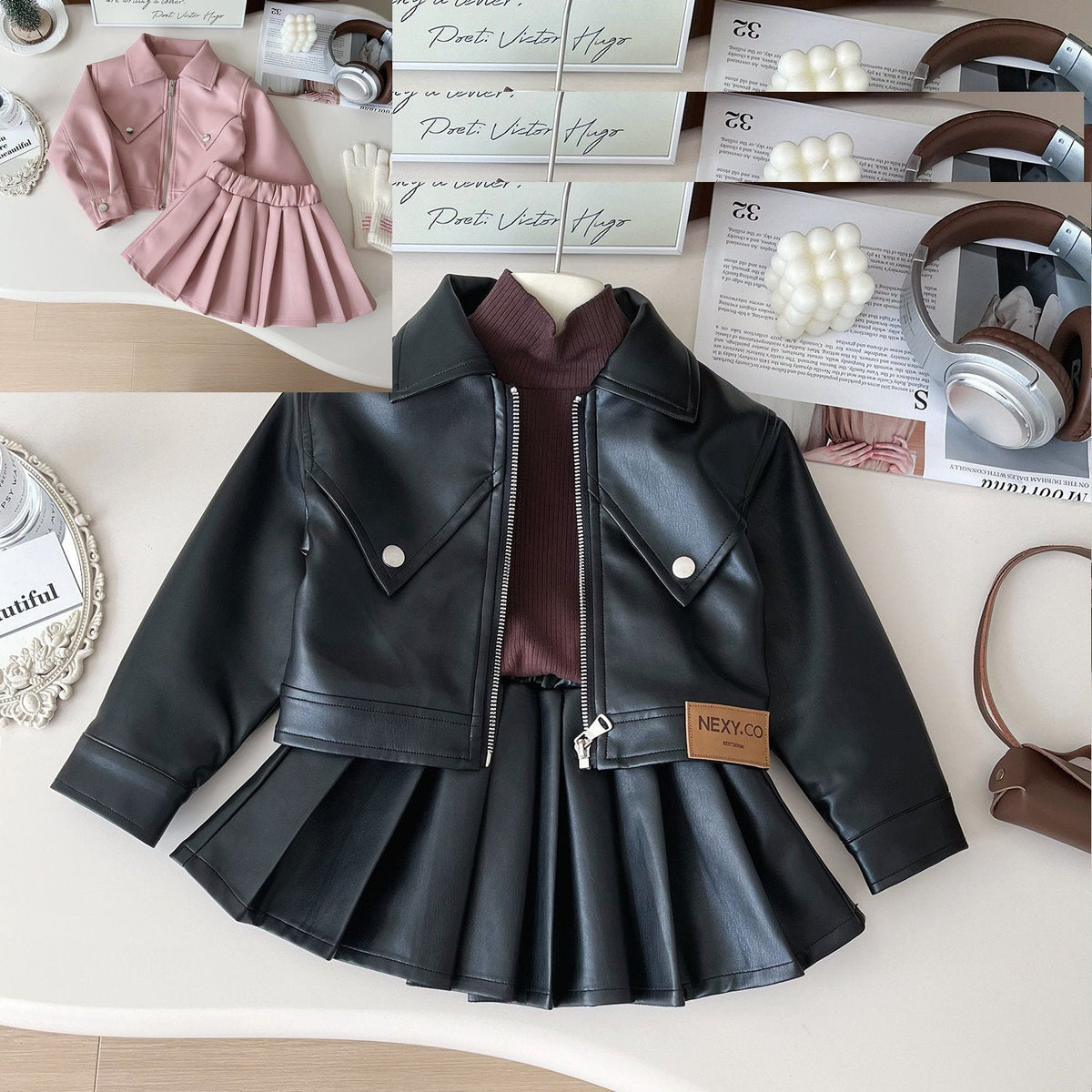 Girls' Autumn Leather Outfit Set, Korean Style Fashionable Biker Jacket and Short Skirt Two-Piece Set for Children