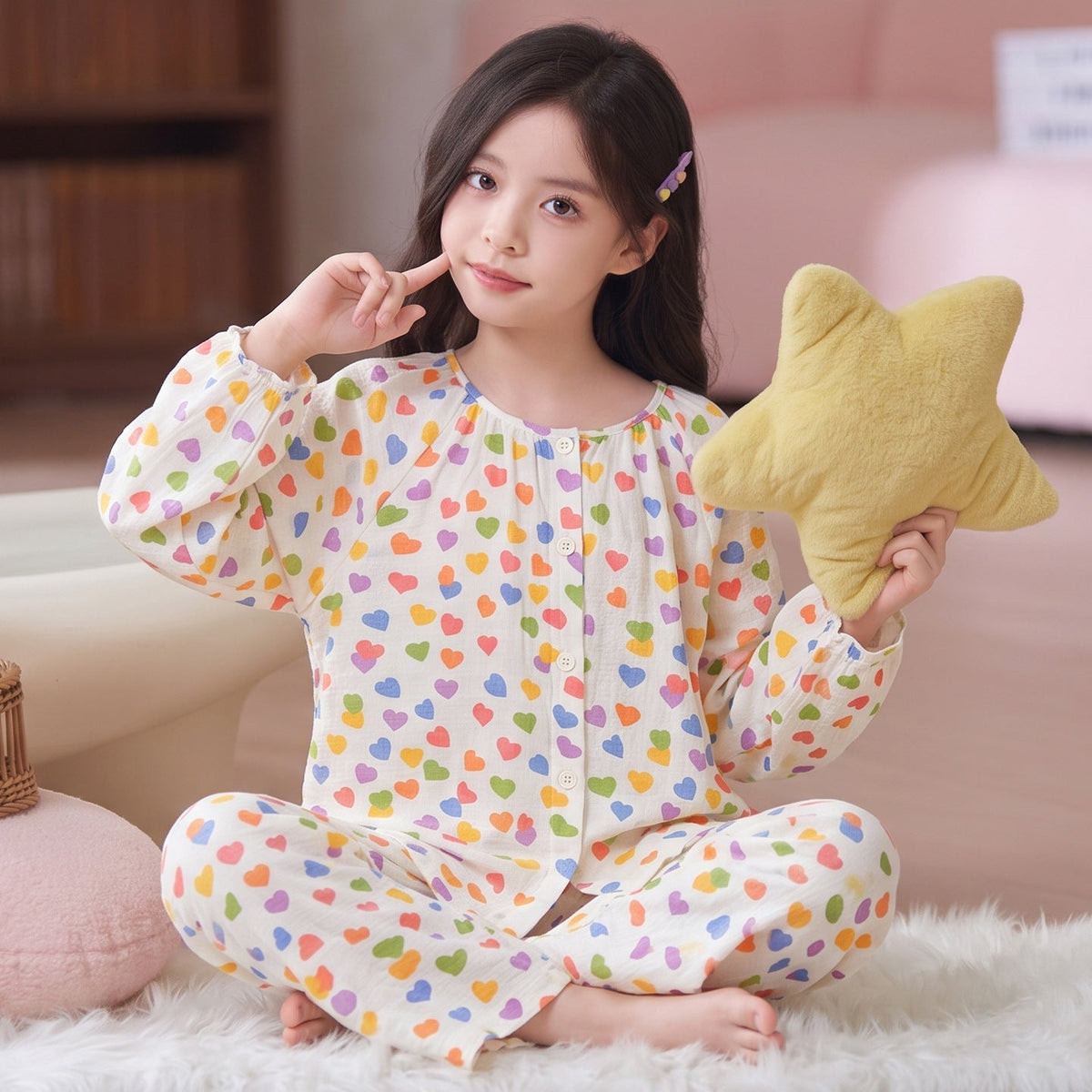 Cartoon Cute Style Girls Pajama Set with Cloud Pattern, Cotton Homewear for Spring and Autumn, Long-Sleeve Top and Long Pants, Lightweight Kids Pajamas
