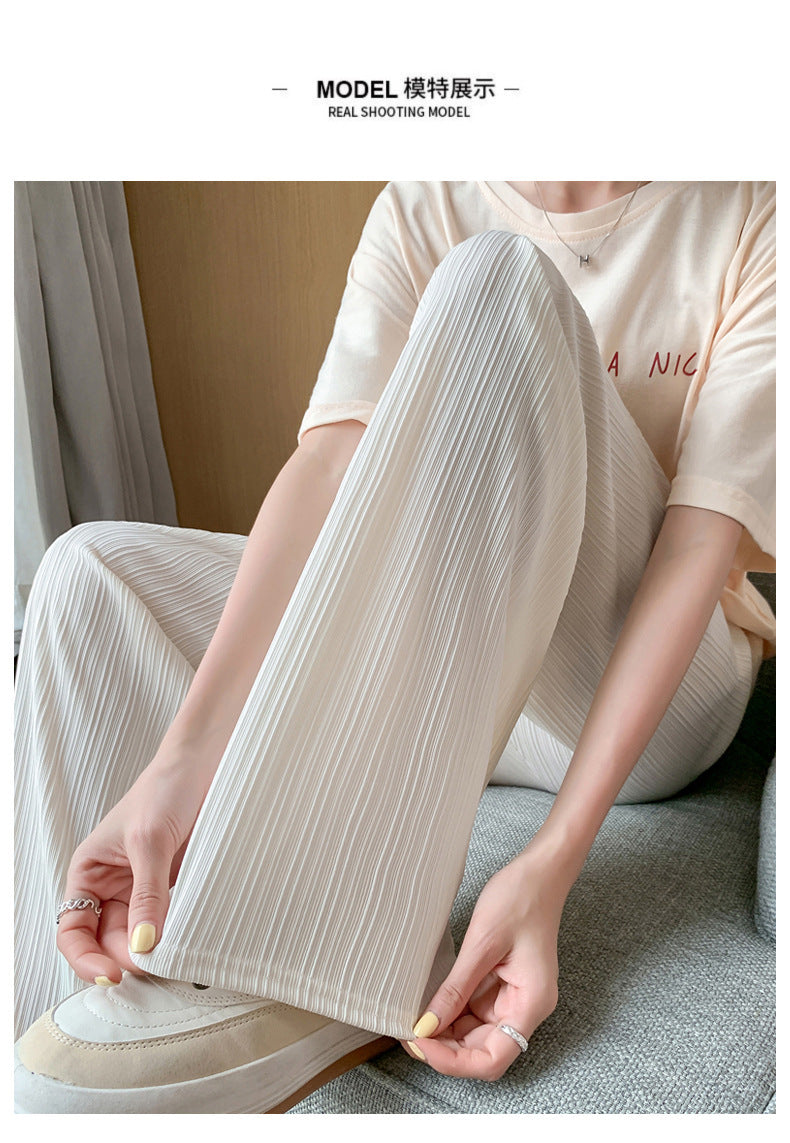 Ice Silk Wide-Leg Pants for Women, Thin Chiffon High-Waisted Loose Straight-Leg Slimming Casual Floor-Length Pants for Summer