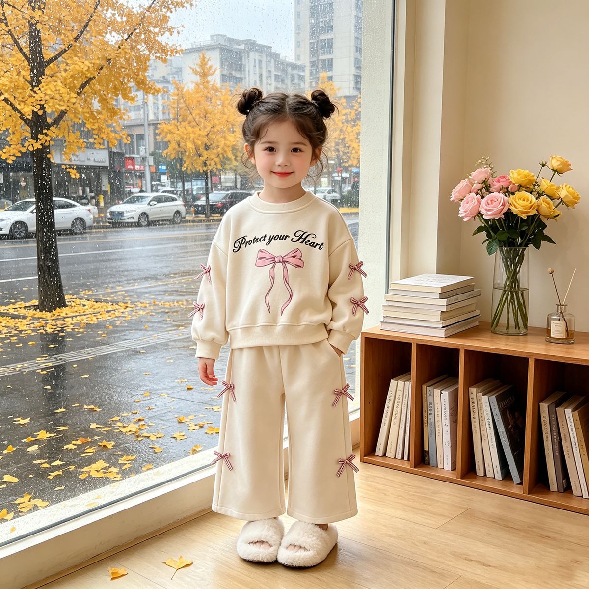 Korean-Style Ins Cat-Themed Girls' Outfit, Spring and Autumn Children's Bow Sweatshirt and Wide-Leg Pants Two-Piece Set, Export Children's Clothing