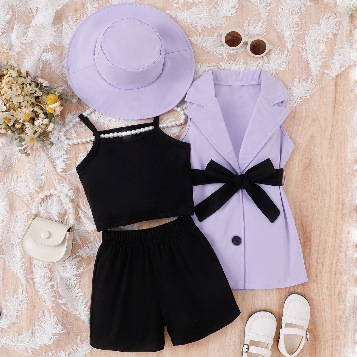 Girls suits for small and medium-sized children: suspender bottom + shorts + sleeveless suit jacket + hat 4Pcs set