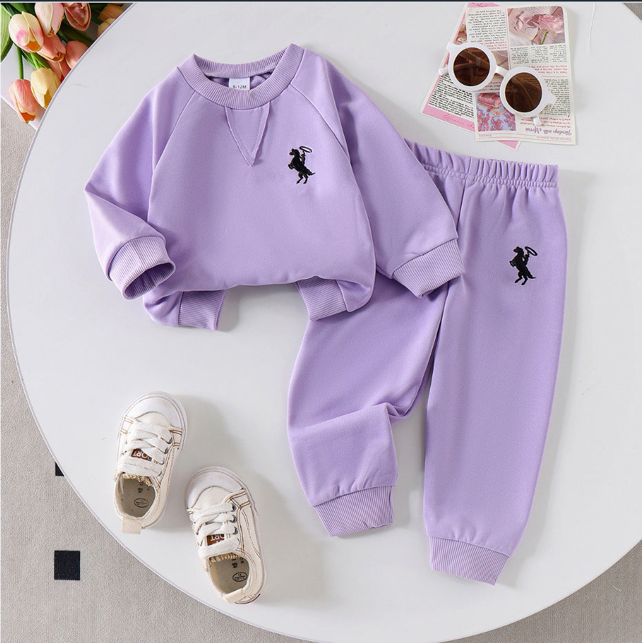 Amazon Cross-Border European and American Children's Clothing Set, Solid Color Knitted Ribbed Long-Sleeve Sweatshirt and Sweatpants Two-Piece Set for Young Children