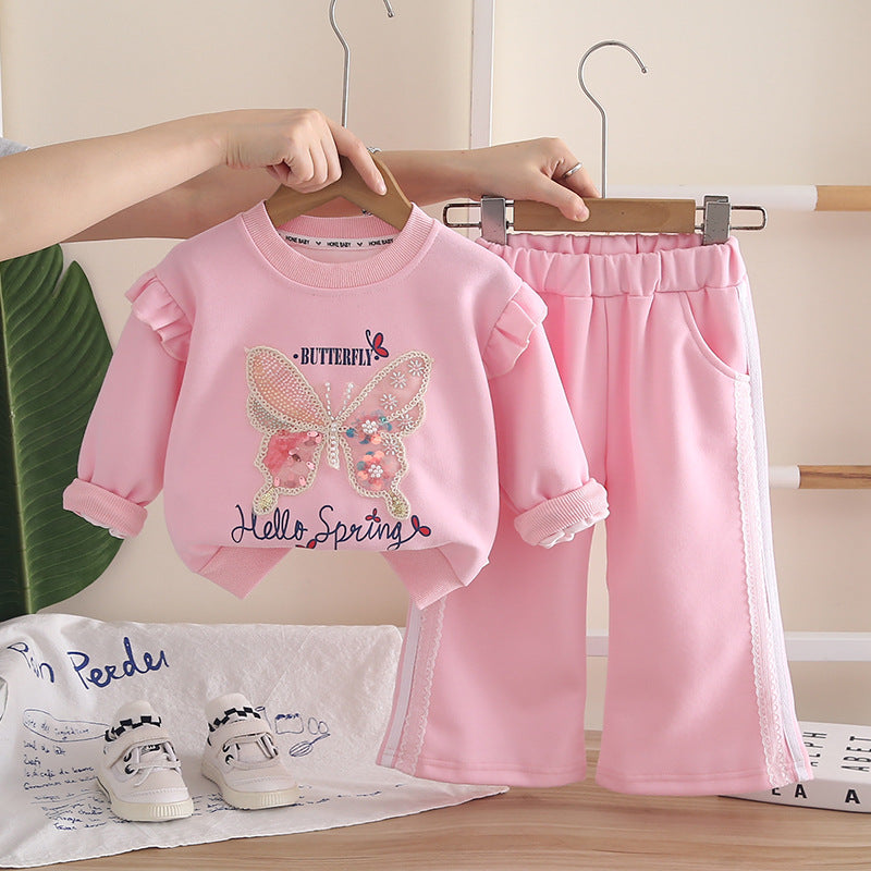 Girls' 2026 New Spring and Autumn Outfit, Stylish Baby Girl Fall Clothes, Korean Style Butterfly Sweatshirt Two-Piece Set, Trendy Wholesale