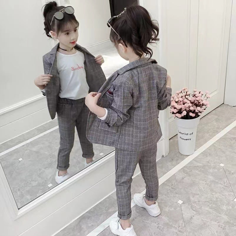 New Design Kids Girls Clothes Set Korean Plaid Two-piece Suit (Available )