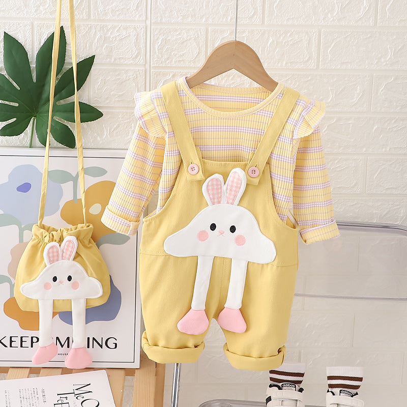 Free Shipping Yikids Girls Cute Soft Cute Strap Trousers suit Baby Girl Cartoon Two-piece Set