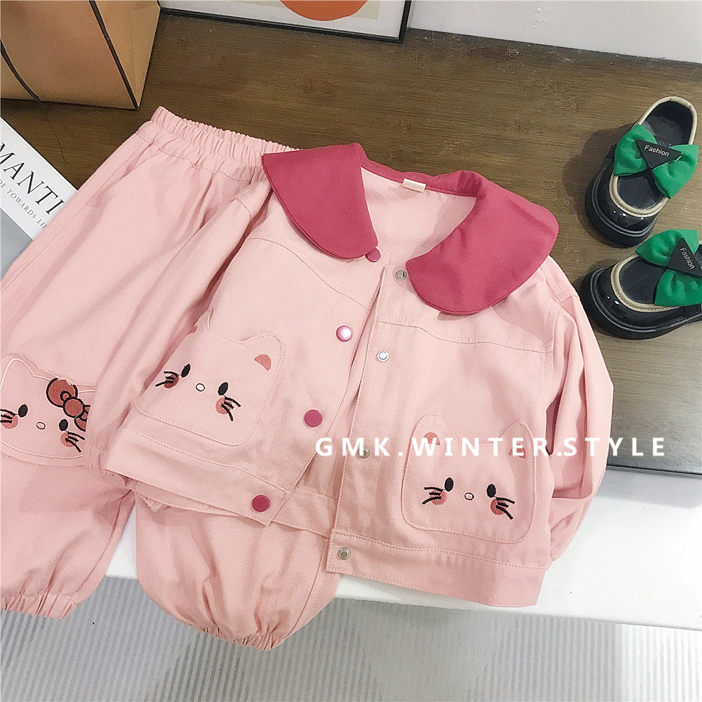 Girls' 3D Doll Casual Outfit, New Autumn Cartoon Collared Jacket for Baby Girls, Spring and Autumn Two-Piece Set, Foreign Trade
