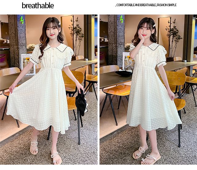 Children's Fashion Preppy Style Sailor Collar Loose Casual Robe Girls' Short Sleeve Sweet Bow Dress Children's Dresses