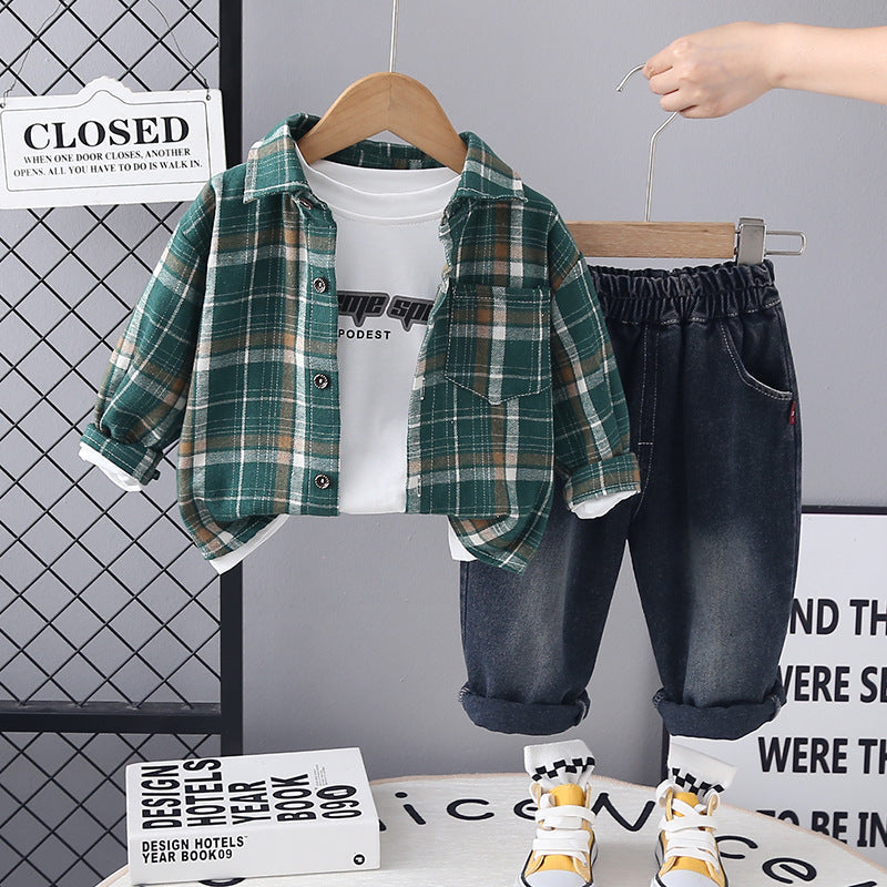 Kids Boys Spring Suit 2025 New Style Plaid Shirt Little Boy Handsome Fashion Pants Three-Piece Set