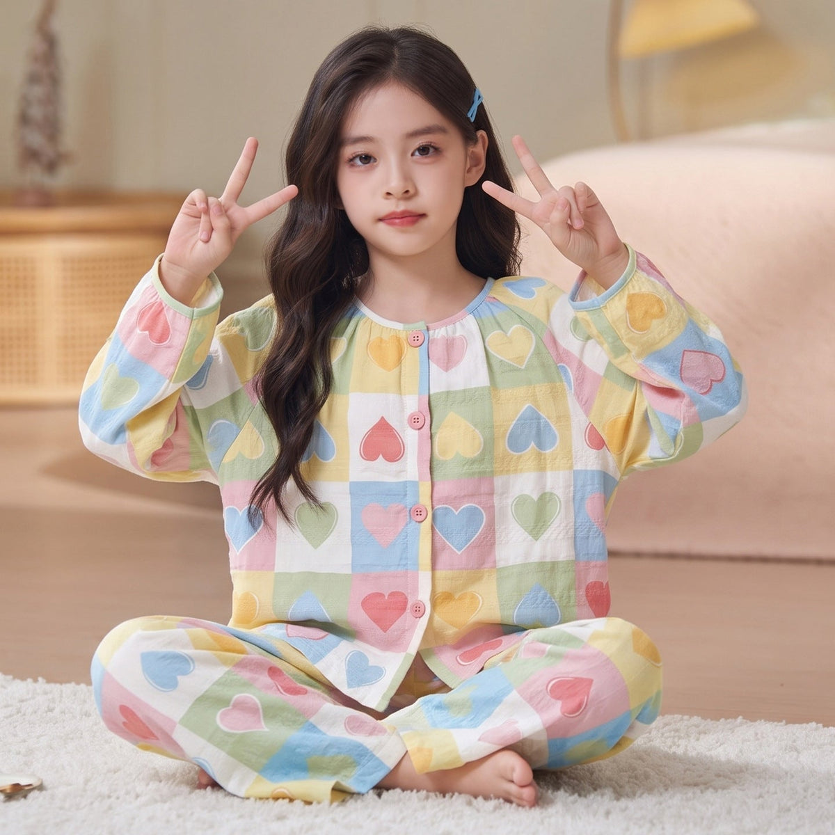 Cartoon Cute Style Girls Pajama Set with Cloud Pattern, Cotton Homewear for Spring and Autumn, Long-Sleeve Top and Long Pants, Lightweight Kids Pajamas