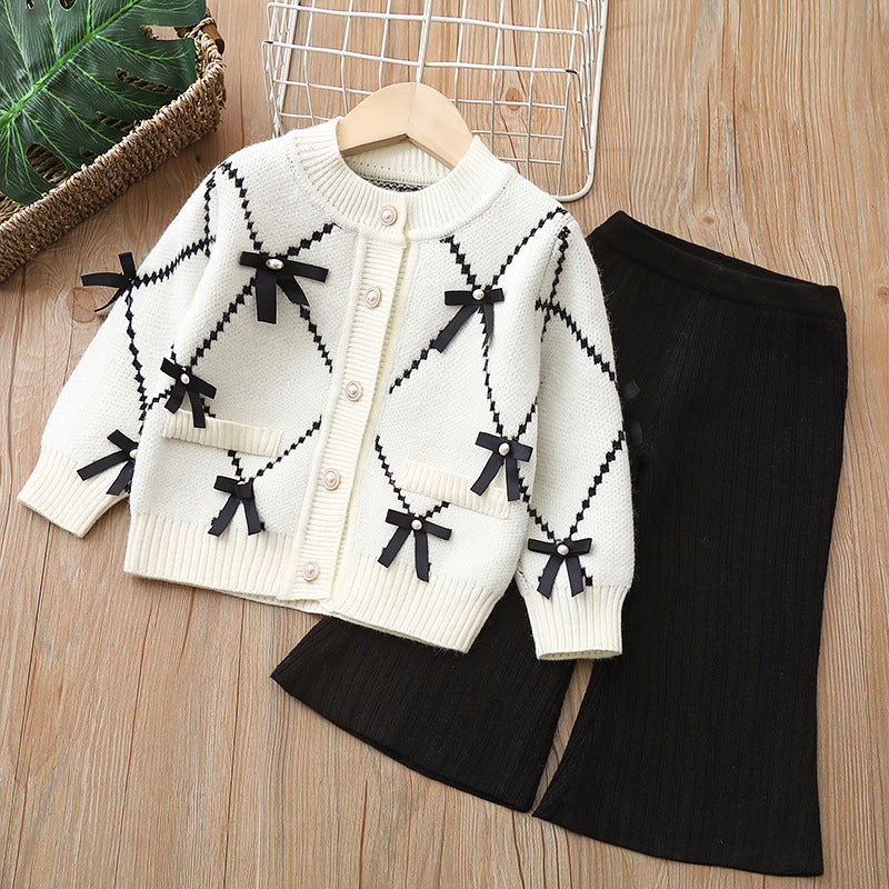 Little Chanel Style Girls' Sweater suit Children's Knitted Two-Piece New Arrival Women's Bow Cardigan suit