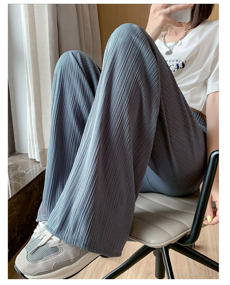Ice Silk Wide-Leg Pants for Women, Thin Chiffon High-Waisted Loose Straight-Leg Slimming Casual Floor-Length Pants for Summer