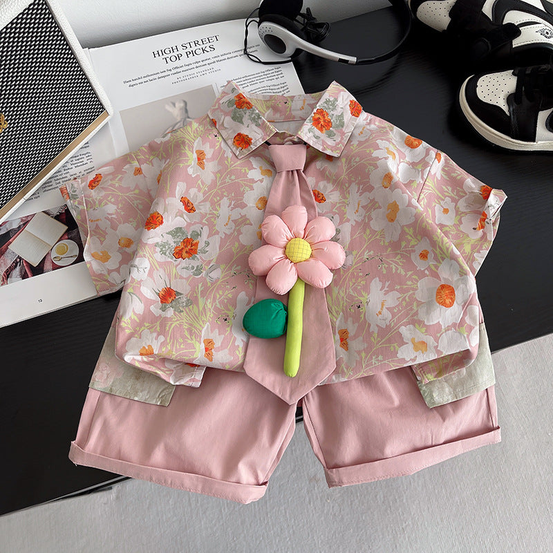 Free shipping for boys' stylish summer clothing, 1-2-3 years old, 5-year-old children's large floral tie shirt short-sleeve two-piece set