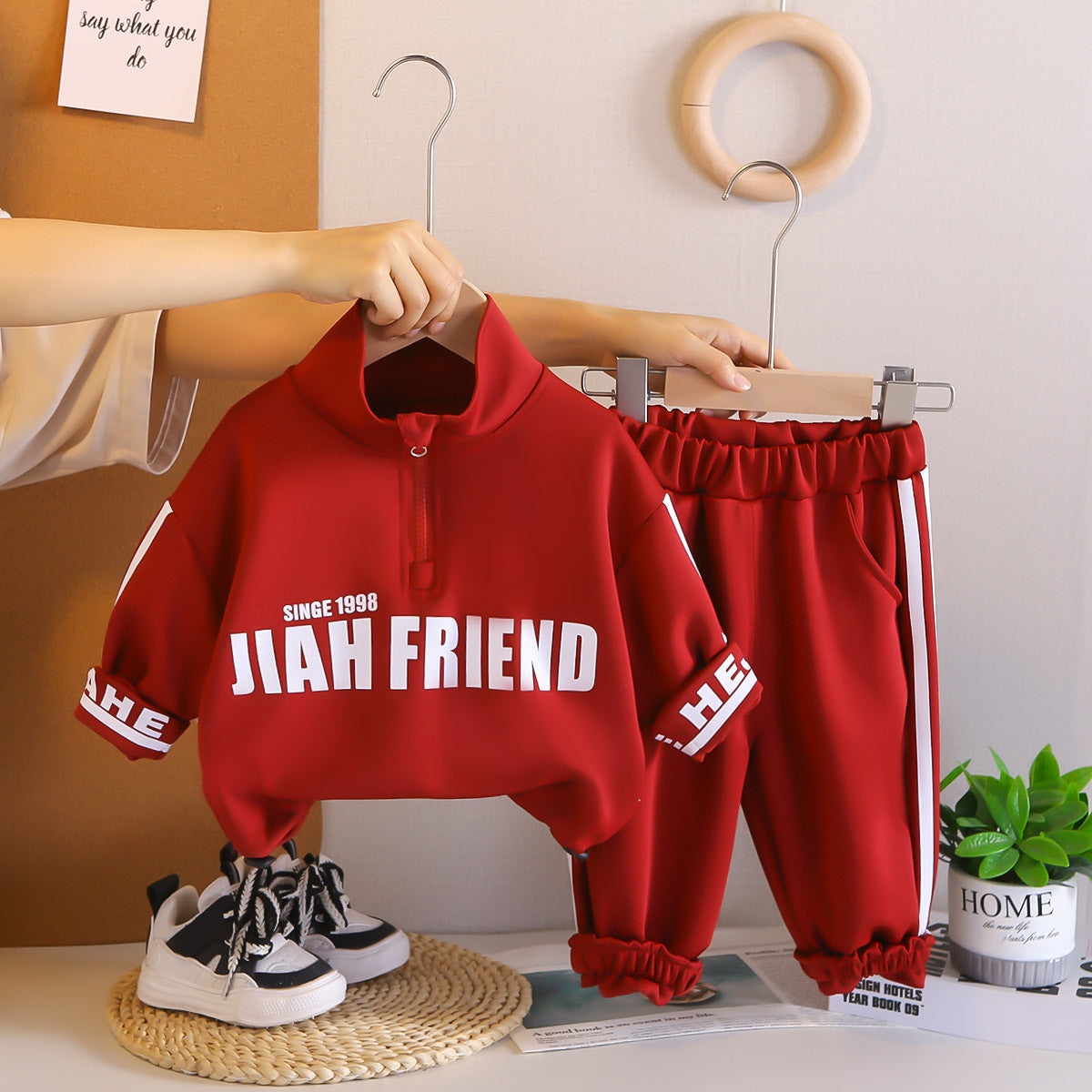 2025 Spring and Autumn New Boys English Stand Collar Suit Children's Letter Two-Piece Set Baby Children's Baby Casual