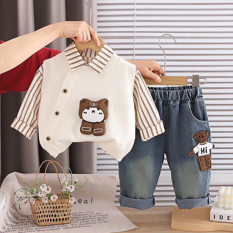 Free shipping boys' spring and autumn outfit, baby boy infant children's set, Korean style bear sweater, long-sleeve shirt three-piece set, trendy