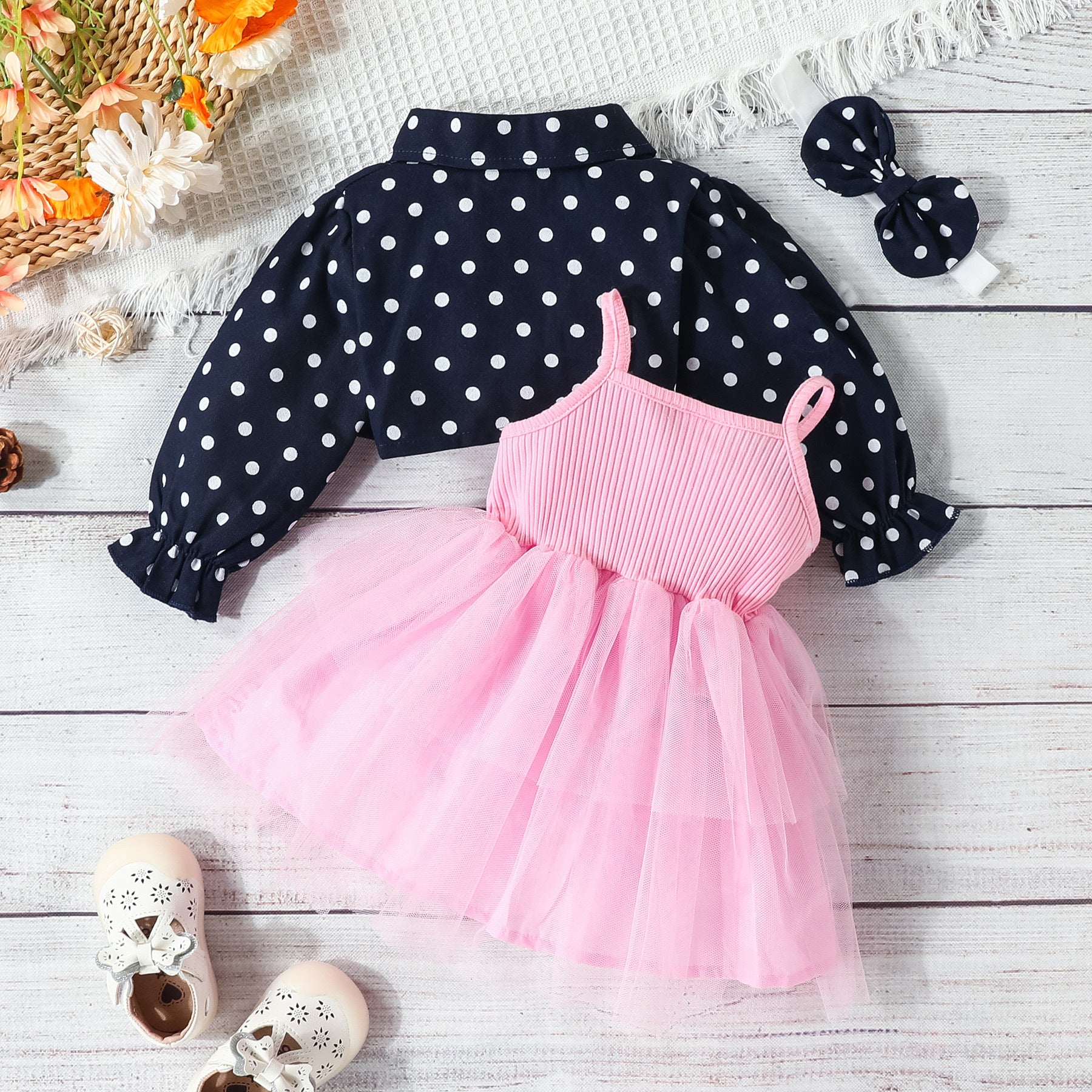 girls skirt suit baby and toddler sling mesh bow dress + polka dot lapel Tops