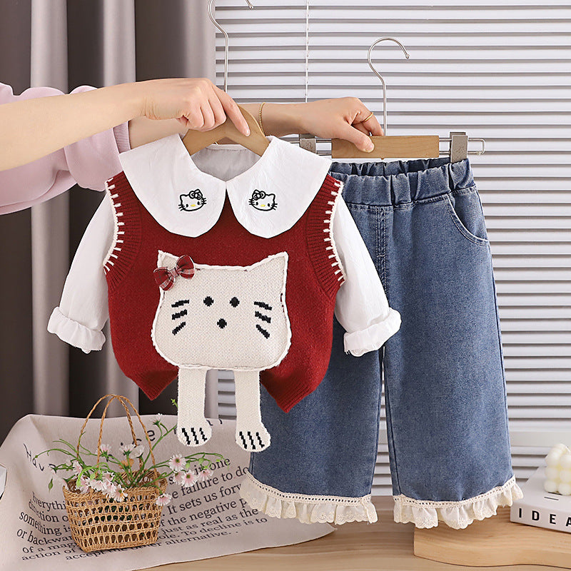 Cute Style Children's Clothing, Autumn Children's Clothing, Little Girl Clothes, Cartoon Three-Dimensional Knitted Vest Three-Piece Set, Baby Girl Clothing