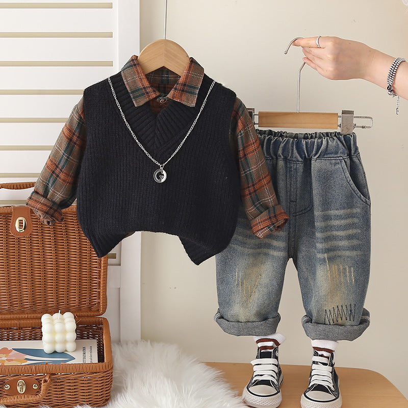 Boys Spring and Autum Suit 2025 New Baby V Neck Sweater Three-Piece Set Kidsren's Clothing Korean Style Shirt Trendy Delivery