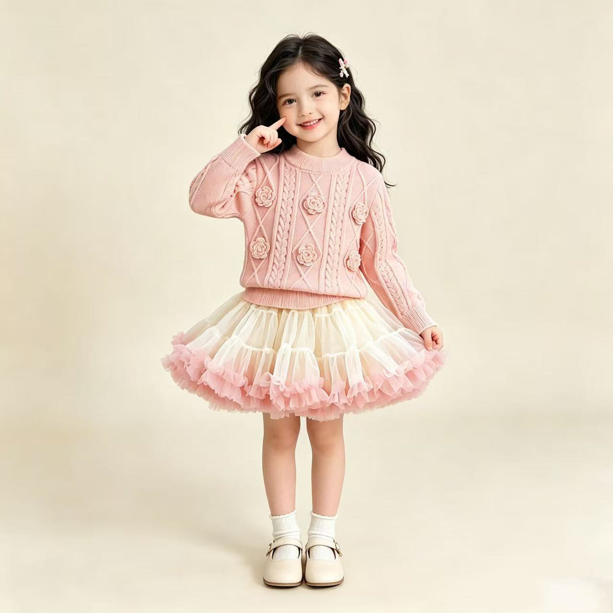 Girls' New Autumn and Winter Sweater Knitted Skirt Set, Korean Style Fashionable Baby Girl Round Neck Small Floral Cardigan and Pleated Skirt