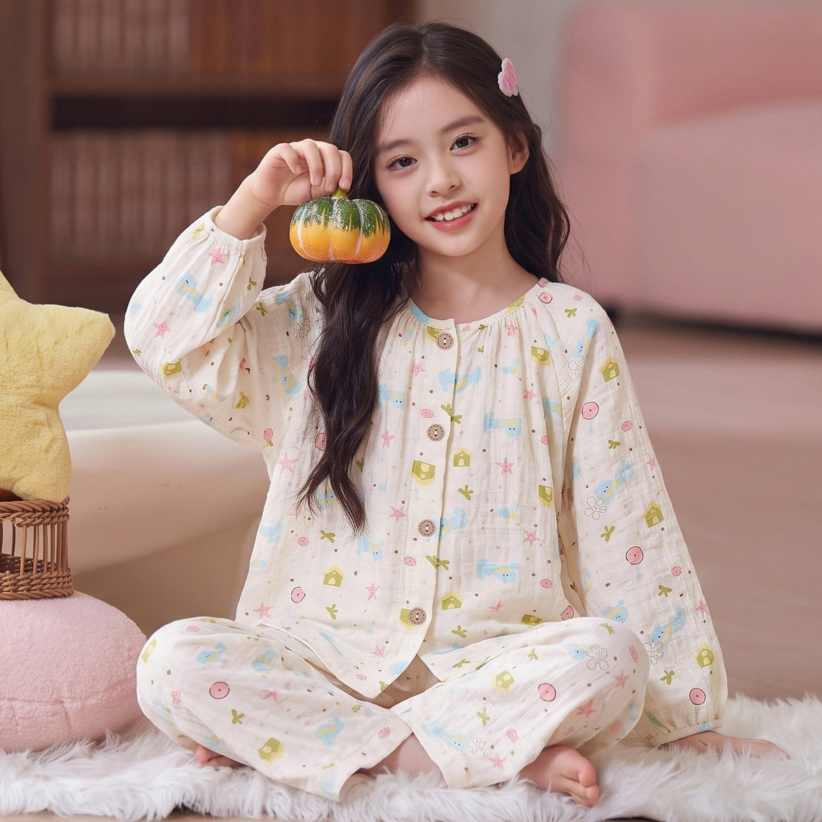 Cartoon Cute Style Girls Pajama Set with Cloud Pattern, Cotton Homewear for Spring and Autumn, Long-Sleeve Top and Long Pants, Lightweight Kids Pajamas