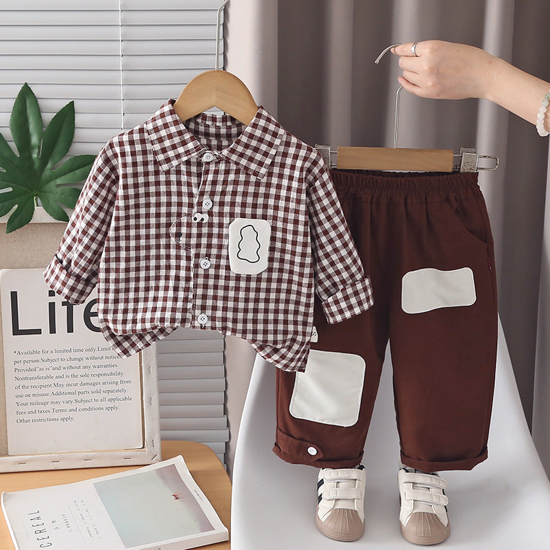 Children's Autumn Plaid Shirt Two-Piece Set Korean Style Toddler Patch Pocket Shirt Boys' Spring and Autumn Long Sleeve Outfit