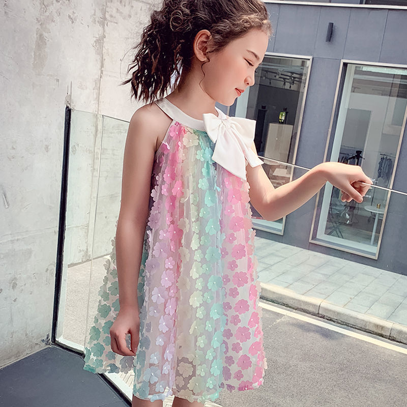 Girls sleeveless dress 2025 summer new color 3D flower skirt children's bow princess skirt (Available)