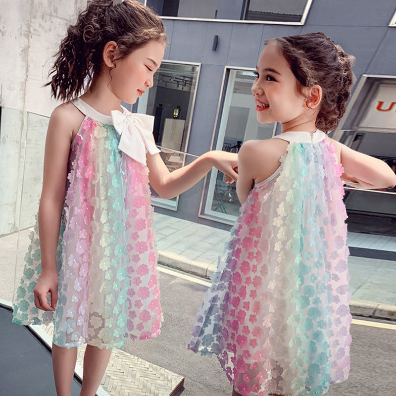 Girls sleeveless dress 2025 summer new color 3D flower skirt children's bow princess skirt (Available)