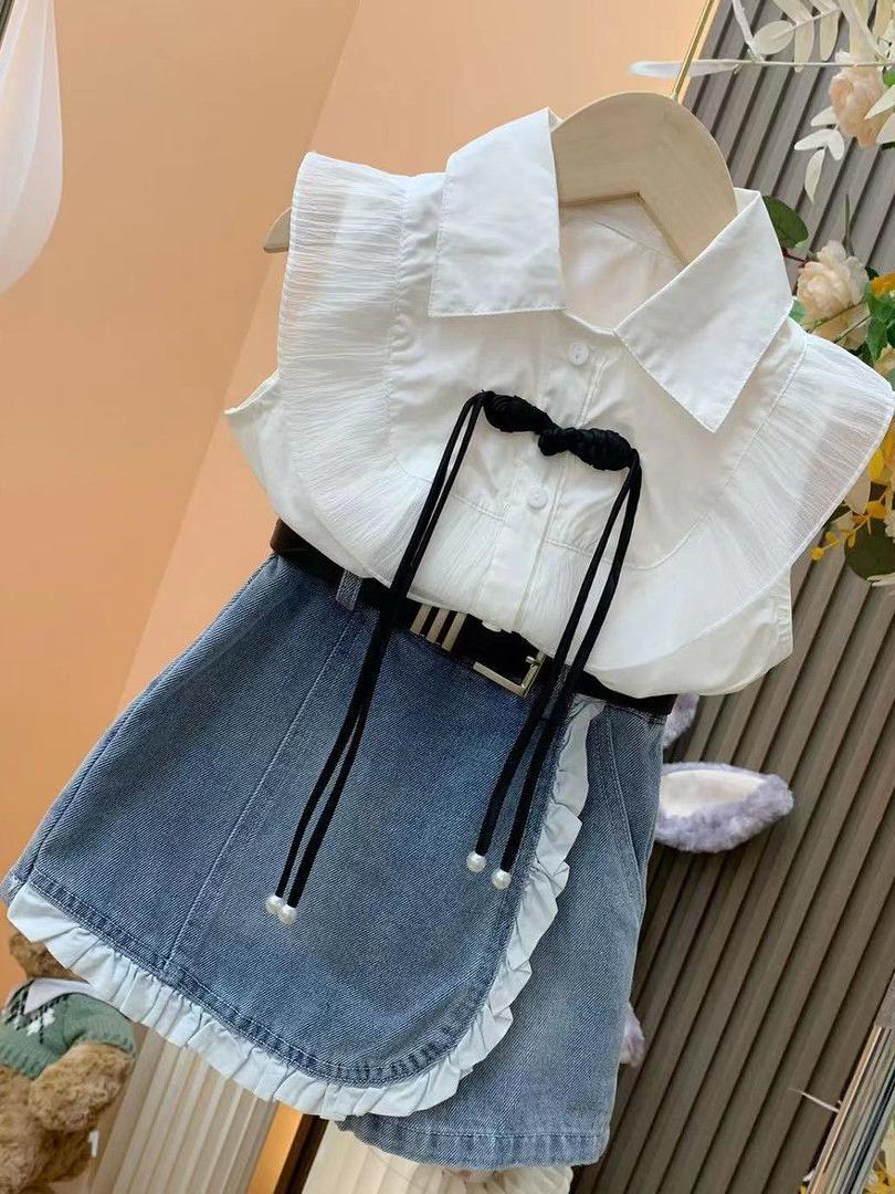 Girls princess style suit 2025 summer new baby girl flying sleeve shirt + denim lace skirt pants two-piece suit