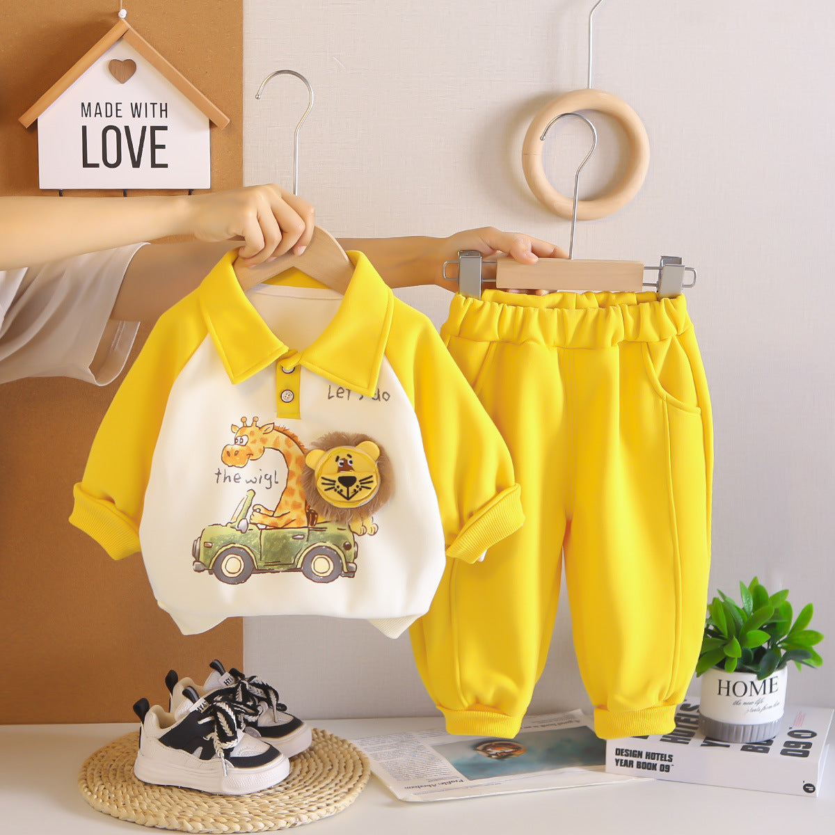 Free Shipping Boys' Outfit New Style Children's Cute Lapel 3D Lion Long-Sleeve Long Pants Two-Piece Set Baby Spring and Autumn Outfit