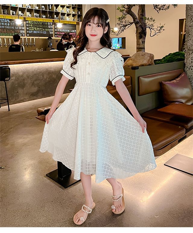 Children's Fashion Preppy Style Sailor Collar Loose Casual Robe Girls' Short Sleeve Sweet Bow Dress Children's Dresses