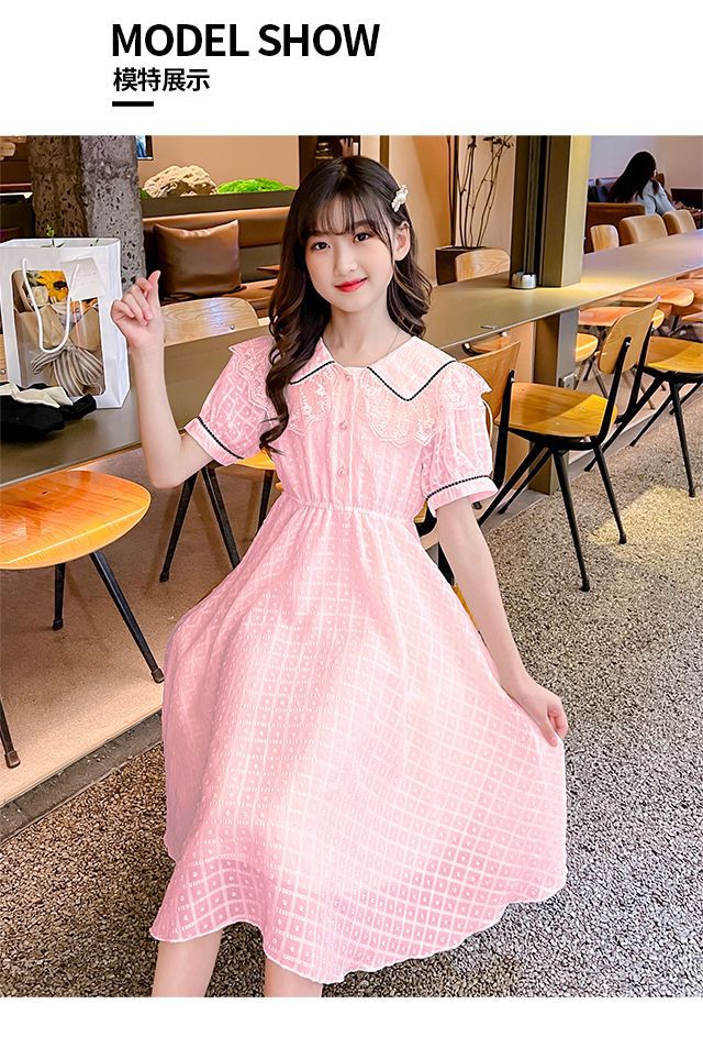 Children's Fashion Preppy Style Sailor Collar Loose Casual Robe Girls' Short Sleeve Sweet Bow Dress Children's Dresses