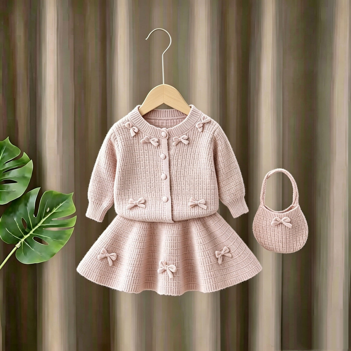 New Autumn/Winter Girls' Sweater Set: Knitted Bowknot Solid Color Cardigan Coat and Skirt Two-Piece Set with Small Bag