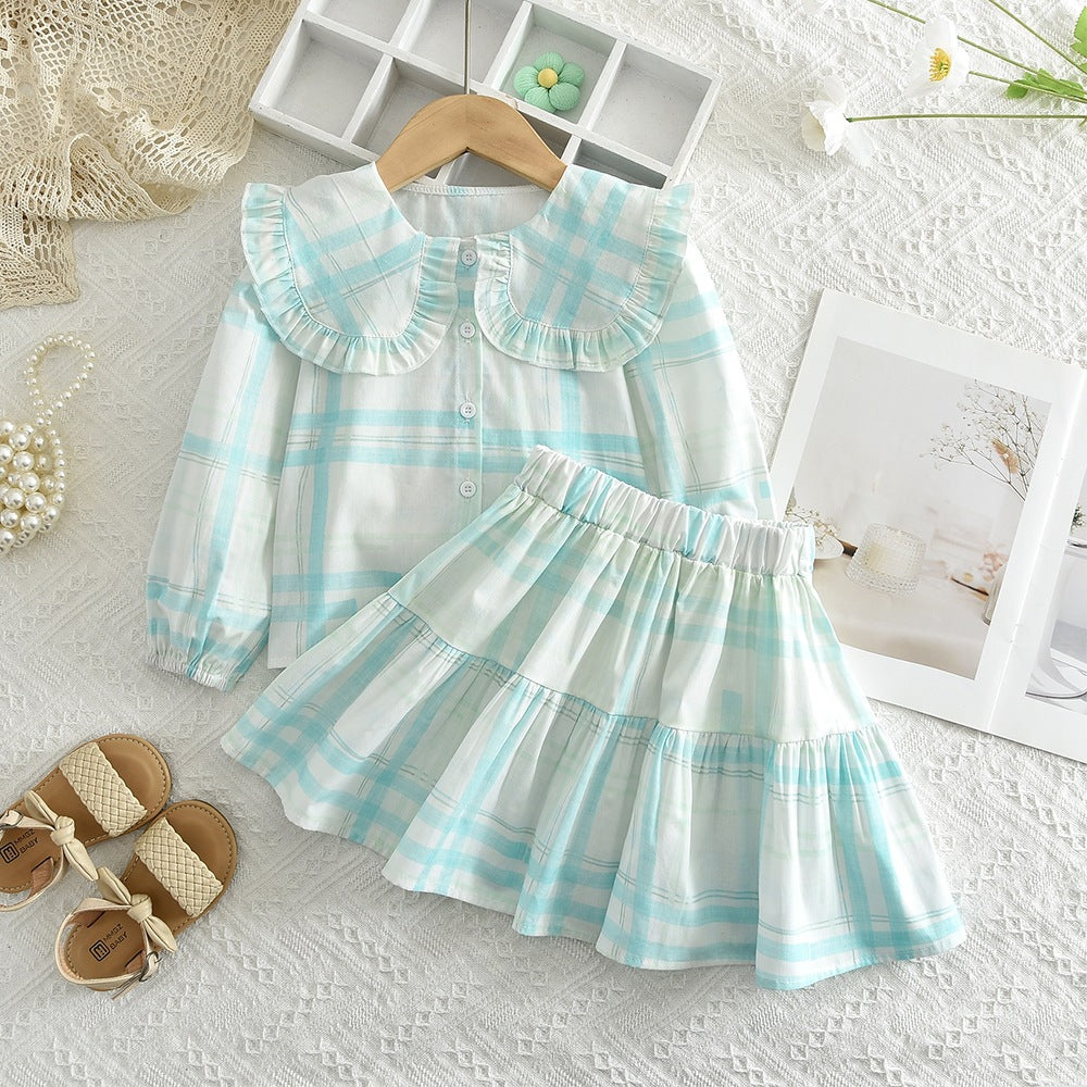 Cross-Border Hot-Selling Korean-Style Children's Clothing New Bow Print Long-Sleeve Doll Shirt Short Skirt Girls' 2026 Spring and Autumn Set