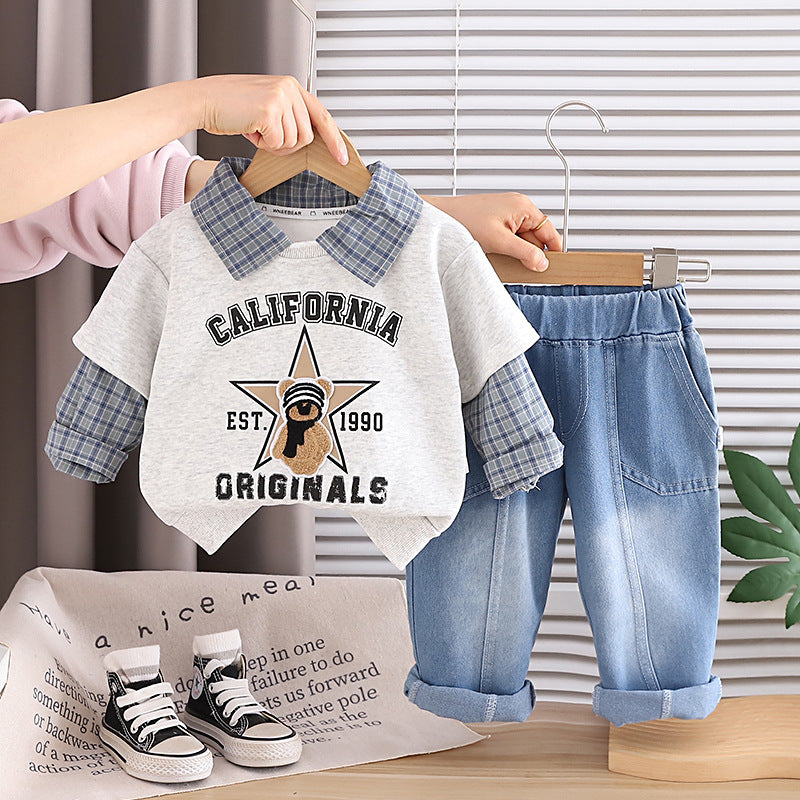 Free shipping for 1-4 year old babies: Korean-style autumn outfit with plaid patchwork, cartoon bear sweatshirt, and denim pants two-piece set