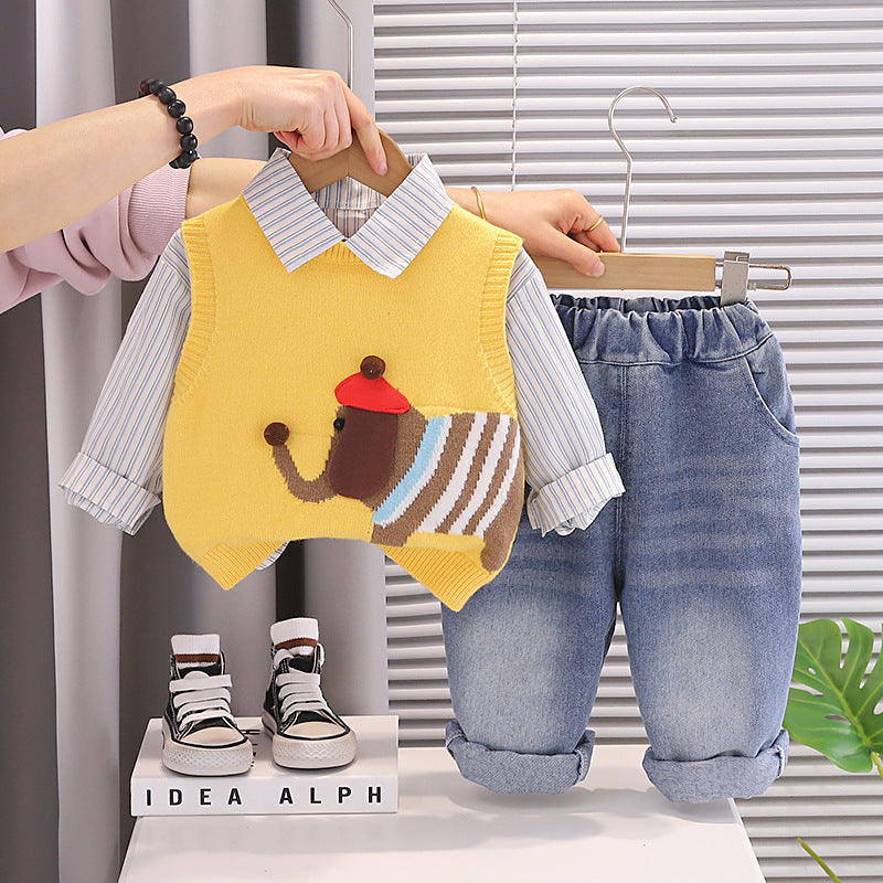 Children's Clothing Wholesale 2026 New Style Boys' Spring Outfit, Stylish Elephant Sweater Three-Piece Set for Baby Boys