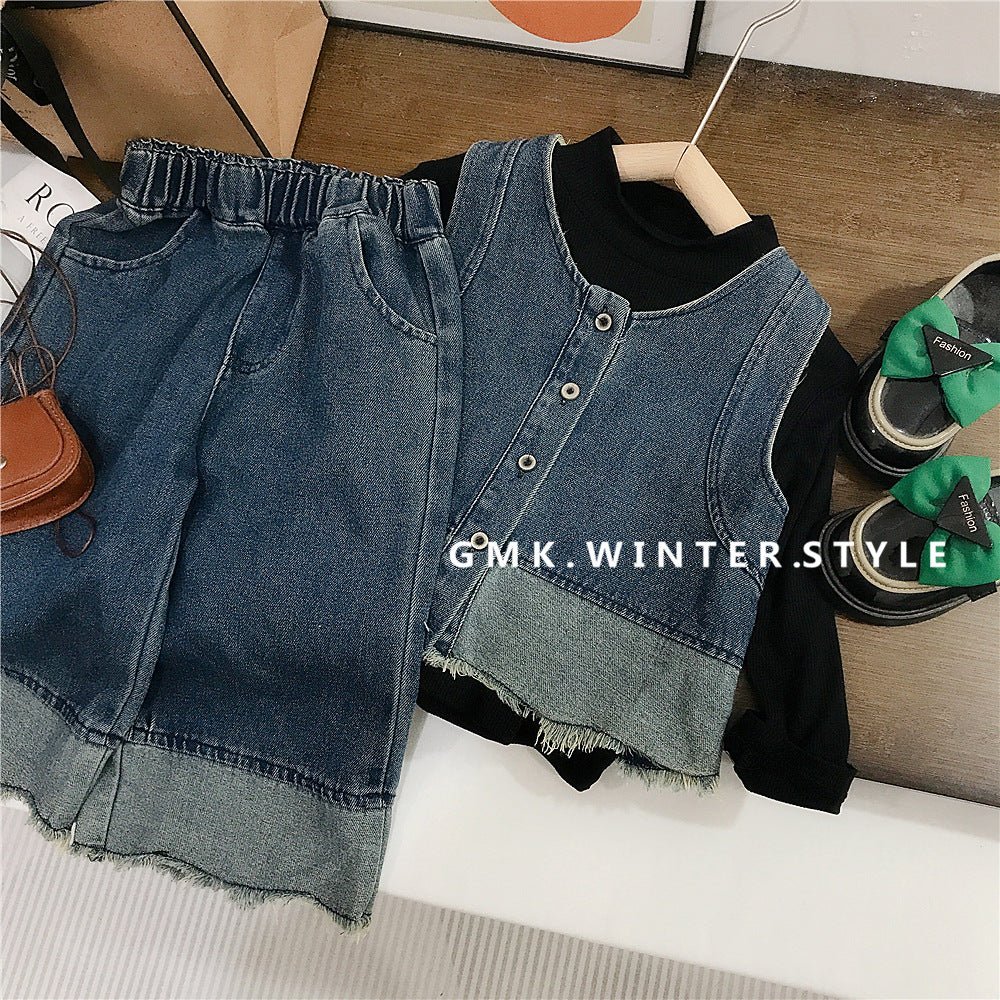 Girls' Loose and Stylish Spring and Autumn Denim Vest Set, Fashionable and Trendy Three-Piece Casual Outfit for Babies, Autumn Foreign Trade