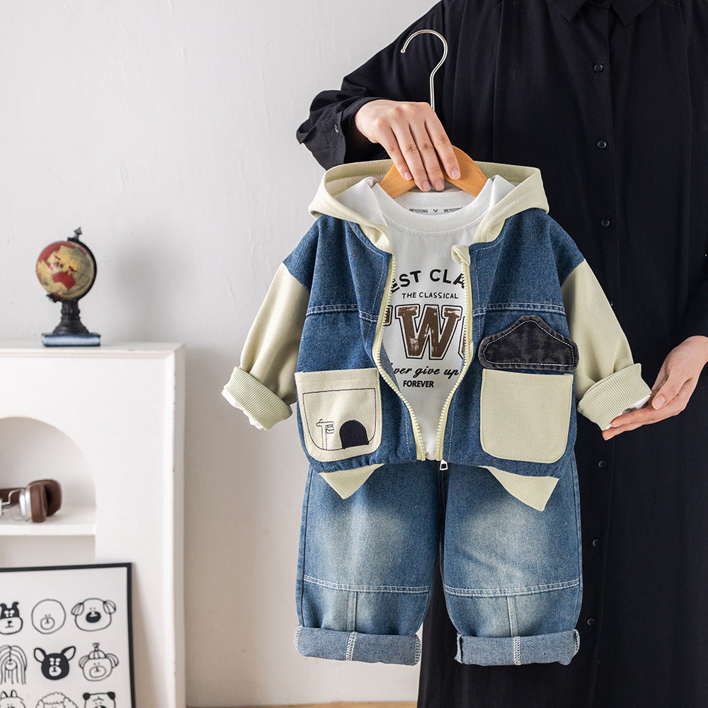 Boys' 2026 New Autumn Stylish Hooded Three-Piece Set with Small House Pockets, Baby Boy Clothes for Spring and Autumn, 1 Year Old