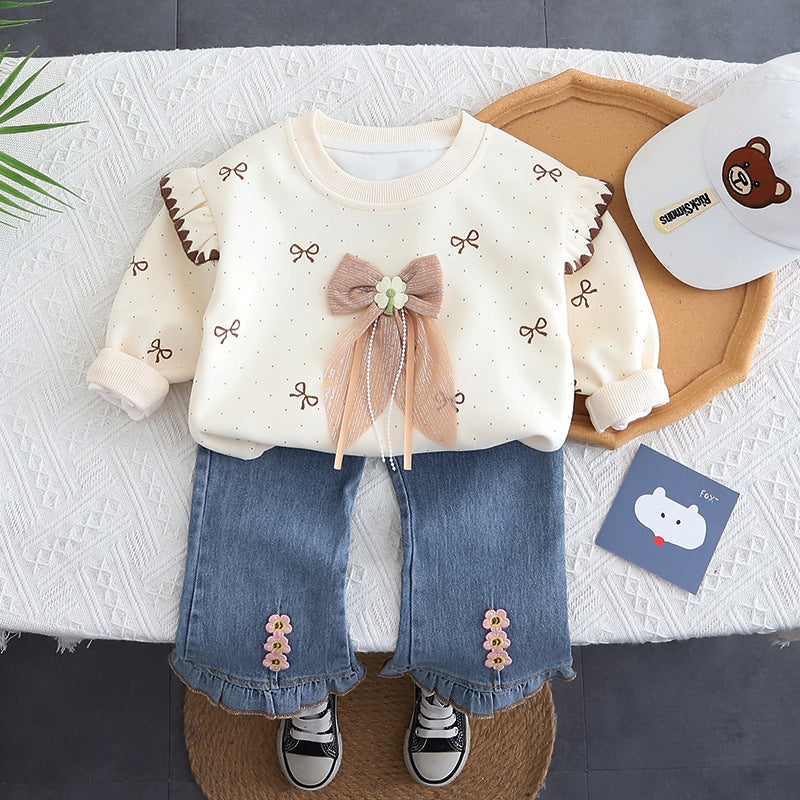 2025 Spring and Autumn Clothing Set Full Printed Bow Sweatshirt Baby Girl Jeans Long Sleeve Two-Piece Set Baby Girl